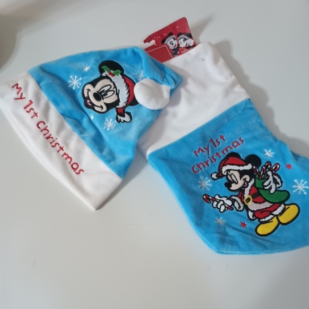 Disney Blue and White "My 1st Christmas" Mickey Mouse Baby Hat & Stocking Set